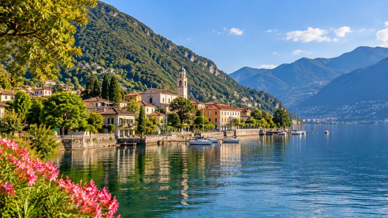 Melano, sul lago Ceresio, con il campanile e la riva