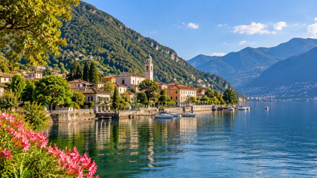 Melano, sul lago Ceresio, con il campanile e la riva
